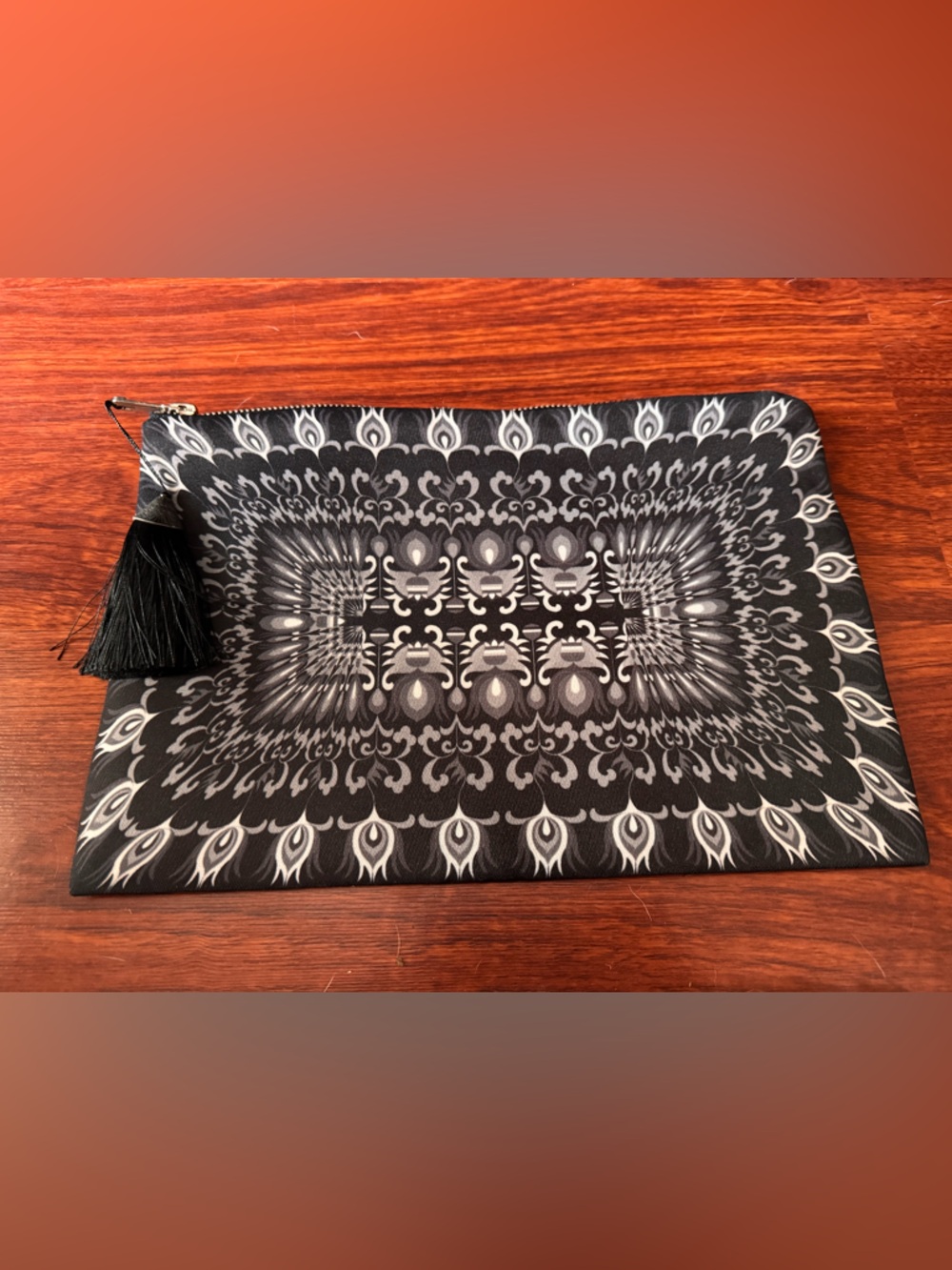 Black & Gray Patterned Fabric Tassel Clutch